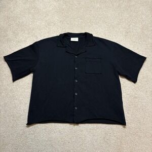 YoungLA Revere Shirt Mens Large Black Cotton Button Up Camp Collar Raw Hem